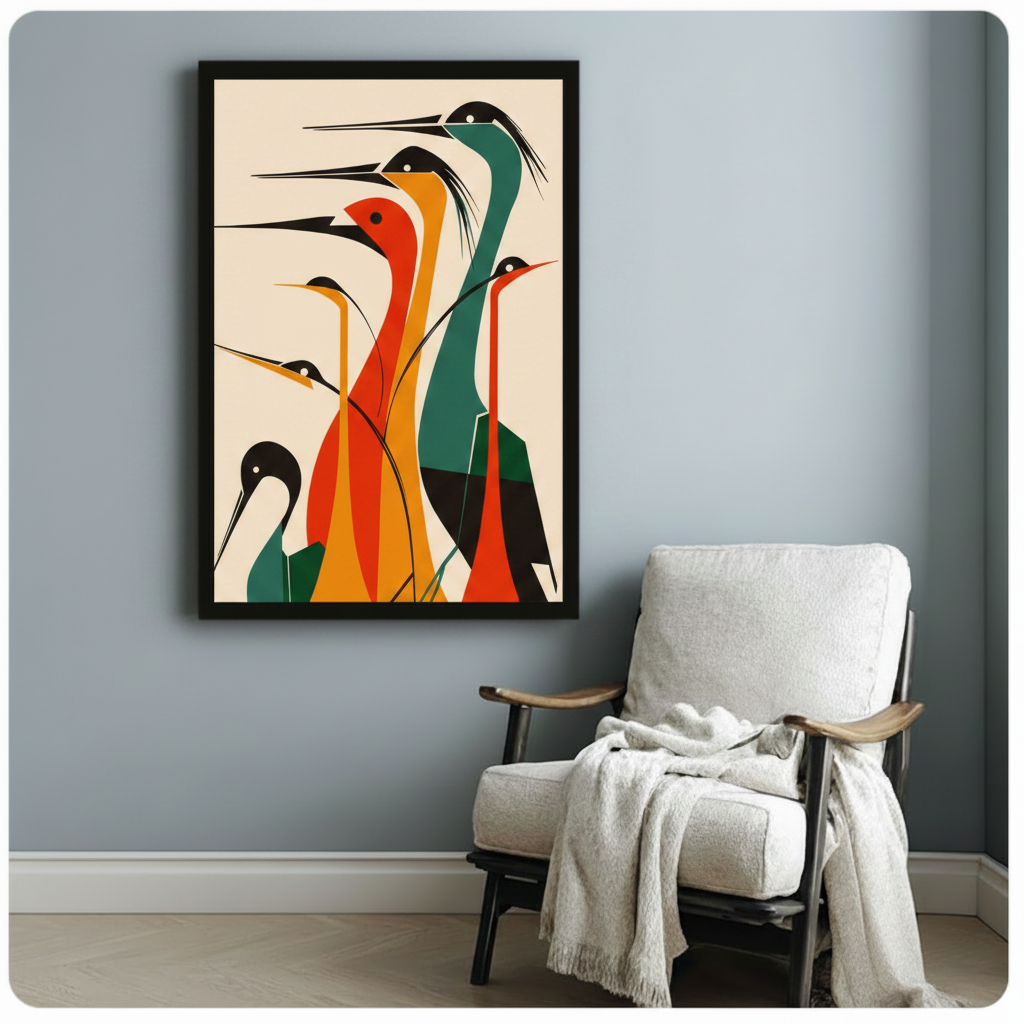 Graphic mid-century modern poster of five abstract herons with elongated geometric necks and bodies in vivid red burnt orange amber and forest green with black heads white dot eyes and needle-thin beaks arranged in a layered flock composition on a clean cream background bold retro bird art framed art poster displayed beside a white fabric lounge chair with draped throw blanket against a soft blue-gray wall