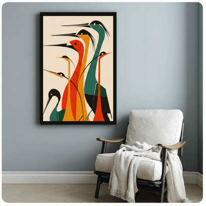 Graphic mid-century modern poster of five abstract herons with elongated geometric necks and bodies in vivid red burnt orange amber and forest green with black heads white dot eyes and needle-thin beaks arranged in a layered flock composition on a clean cream background bold retro bird art framed art poster displayed beside a white fabric lounge chair with draped throw blanket against a soft blue-gray wall