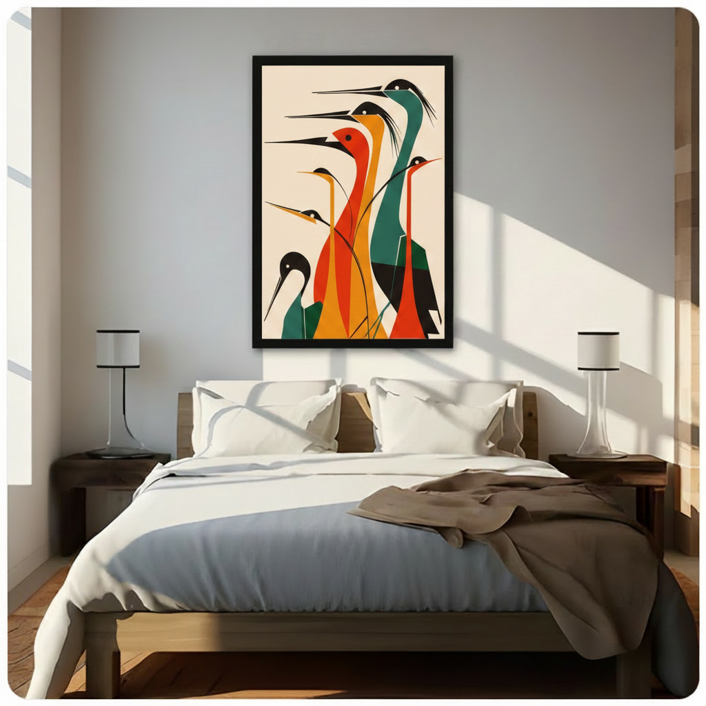 Elegant mid-century modern art print featuring five long-necked herons built from clean geometric color blocks in warm red orange golden amber and deep teal green with black heads white dot eyes and slender pointed beaks layered in a graceful ascending composition on a soft cream background minimalist retro bird illustration framed wall art print hanging above a modern bedroom bed with white linen bedding, dark wood nightstands, and minimalist white table lamps