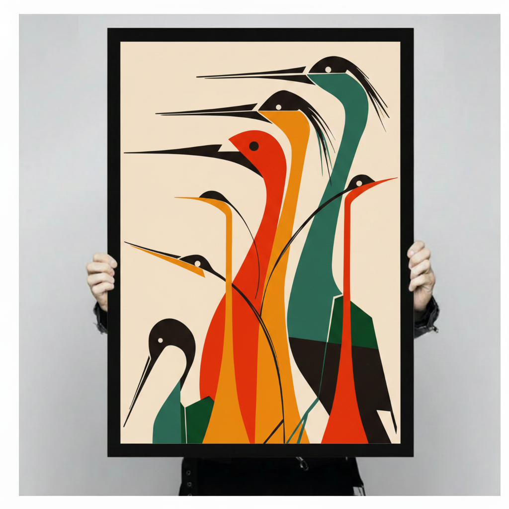 Bold mid-century modern geometric illustration of five stylized herons with flat color-block bodies in red orange yellow and teal black circular heads white eyes and long sharp beaks rising at different heights in a minimalist flock arrangement on a warm off-white background retro modernist bird wall art framed wall art print held up for size reference against a light gray neutral background