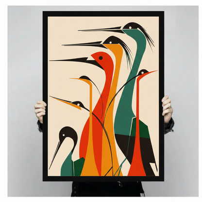 Bold mid-century modern geometric illustration of five stylized herons with flat color-block bodies in red orange yellow and teal black circular heads white eyes and long sharp beaks rising at different heights in a minimalist flock arrangement on a warm off-white background retro modernist bird wall art framed wall art print held up for size reference against a light gray neutral background