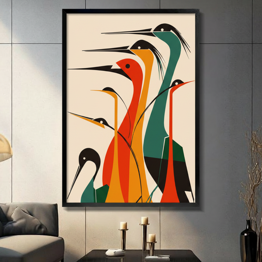 Mid-century modern minimalist illustration of five long-necked herons rendered in bold geometric color blocks of red orange amber and teal green with black heads white dot eyes and sharp elongated beaks arranged at varying heights against a warm cream background clean flat graphic style framed wall art print displayed in a living room with dark gray sofa, pillar candle holders, and black decorative vase