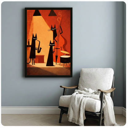 Black framed mid-century modern jazz cats playing saxophone and bass art print on a light blue-grey wall beside a white linen armchair with draped throw