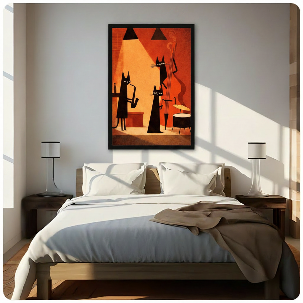 Framed mid-century jazz cat band wall art with saxophone and double bass players hung above a wooden bed with white bedding in a bright sunlit minimalist bedroom