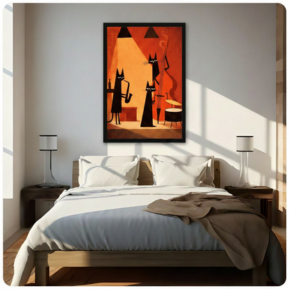 Framed mid-century jazz cat band wall art with saxophone and double bass players hung above a wooden bed with white bedding in a bright sunlit minimalist bedroom