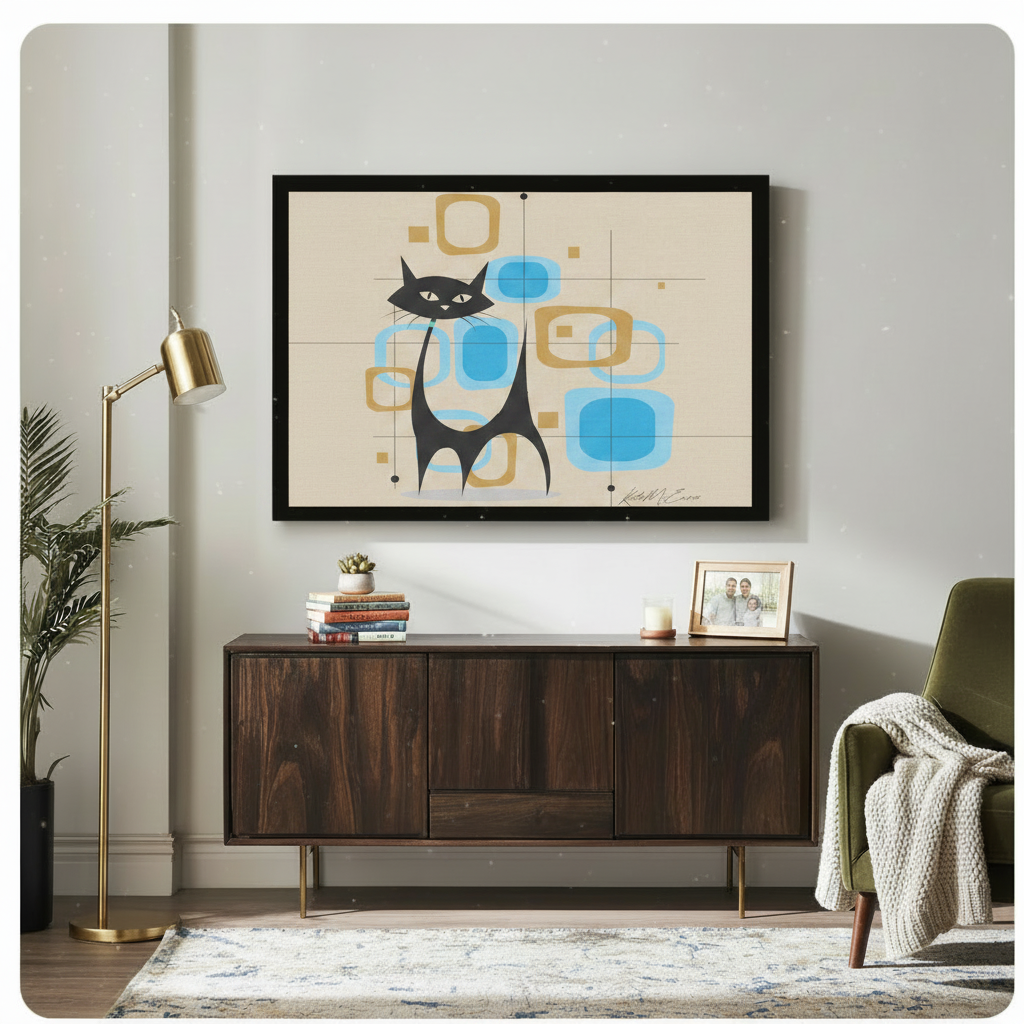 Mid-century modern black cat atomic geometric framed canvas displayed above bed in grey bedroom with pendant lights and potted plants - retro 1950s flat design cat wall art with turquoise and gold rounded shapes for modern bedroom decor