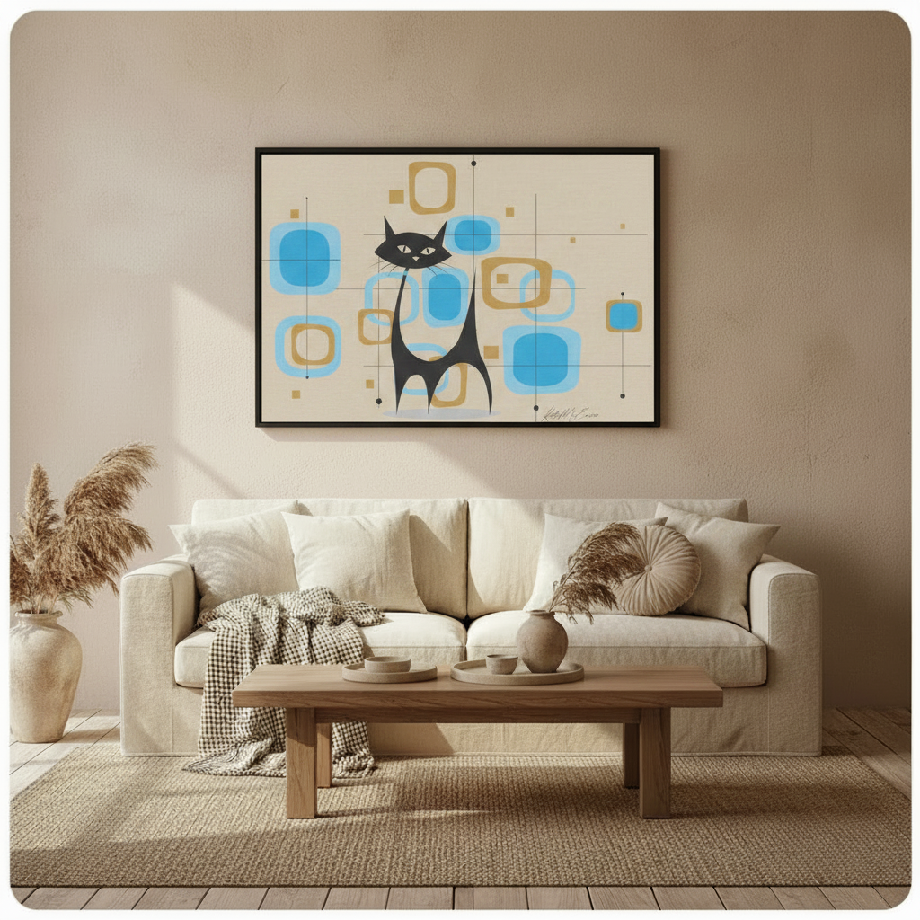 Mid-century modern black cat geometric framed art print above cream linen sofa with wood coffee table - retro atomic age cat canvas wall decor with turquoise blue and gold shapes on warm cream background for Scandinavian living room