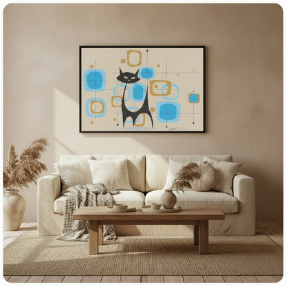 Mid-century modern black cat geometric framed art print above cream linen sofa with wood coffee table - retro atomic age cat canvas wall decor with turquoise blue and gold shapes on warm cream background for Scandinavian living room