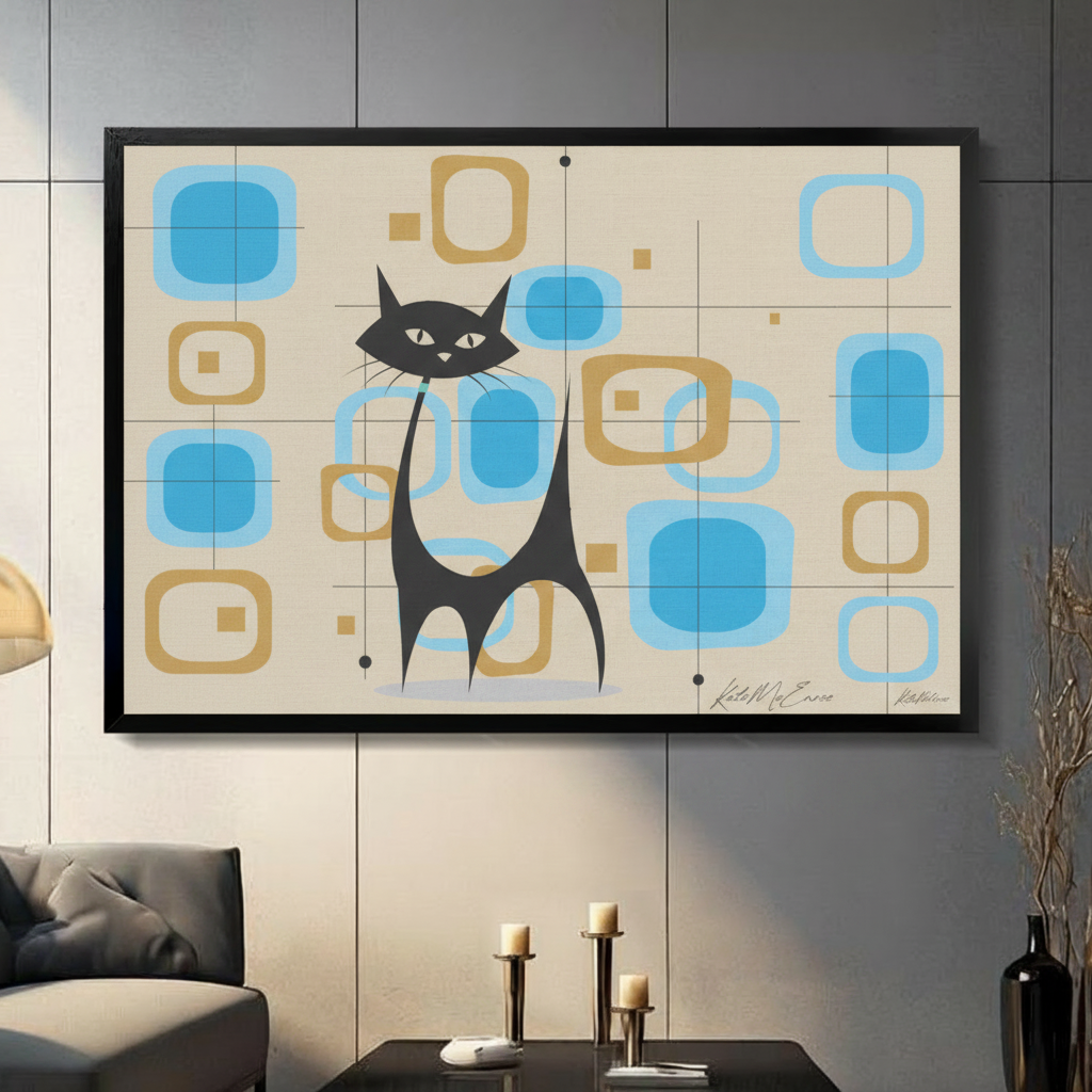 Mid-century modern black cat with atomic age blue and gold rounded rectangle geometric pattern framed wall art - retro flat design canvas print with cream background grid lines and sleek black cat silhouette for living room decor