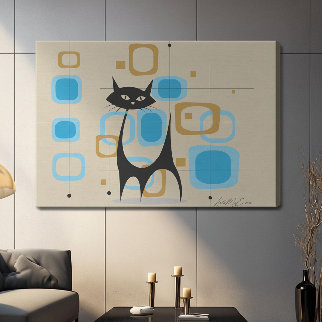Unframed mid-century modern black cat with turquoise and gold atomic age geometric shapes canvas print - retro 1950s inspired flat design wall art with cream background bold rounded rectangles and elegant elongated cat silhouette