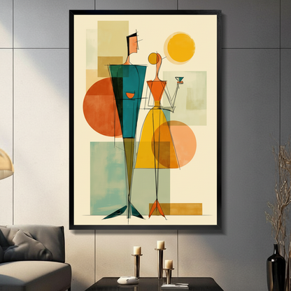 Framed mid-century modern abstract couple with cocktail glass wall art featuring teal orange and yellow geometric shapes displayed above a console table in a contemporary grey living room