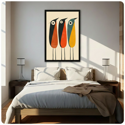 Framed mid-century modern three abstract birds in orange teal and yellow wall art hung above a wooden bed with white bedding in a bright sunlit minimalist bedroom with twin lamps