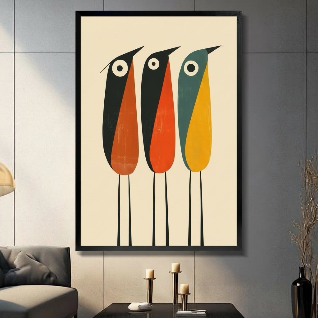 Framed mid-century modern three abstract birds in orange teal and yellow wall art displayed above a console table with candlesticks in a contemporary dark grey living room