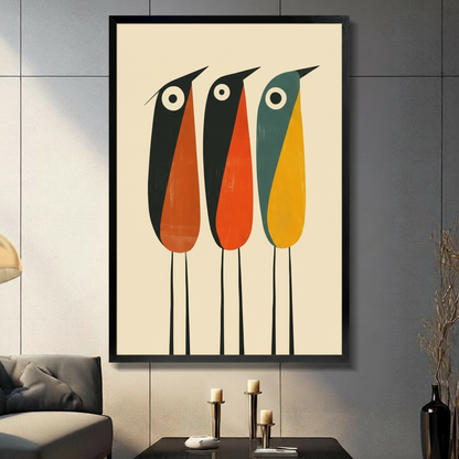 Framed mid-century modern three abstract birds in orange teal and yellow wall art displayed above a console table with candlesticks in a contemporary dark grey living room