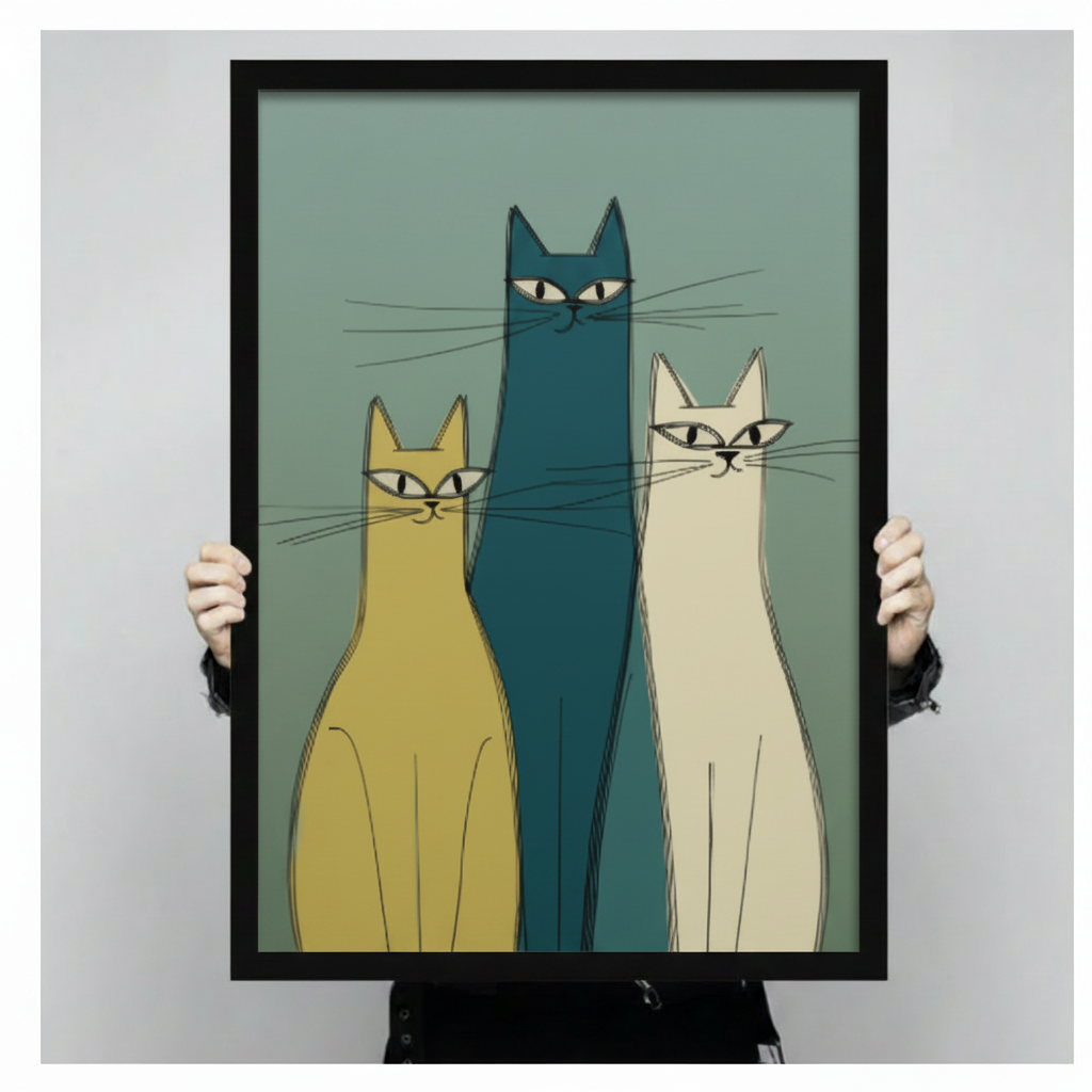 Hand-held framed wall art print showing three minimalist mid-century modern cats in teal, mustard yellow, and ivory with long fine whiskers on a sage green background