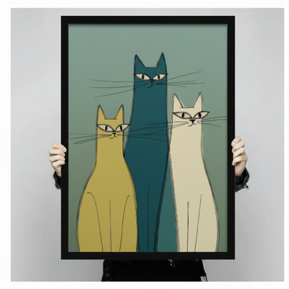 Hand-held framed wall art print showing three minimalist mid-century modern cats in teal, mustard yellow, and ivory with long fine whiskers on a sage green background
