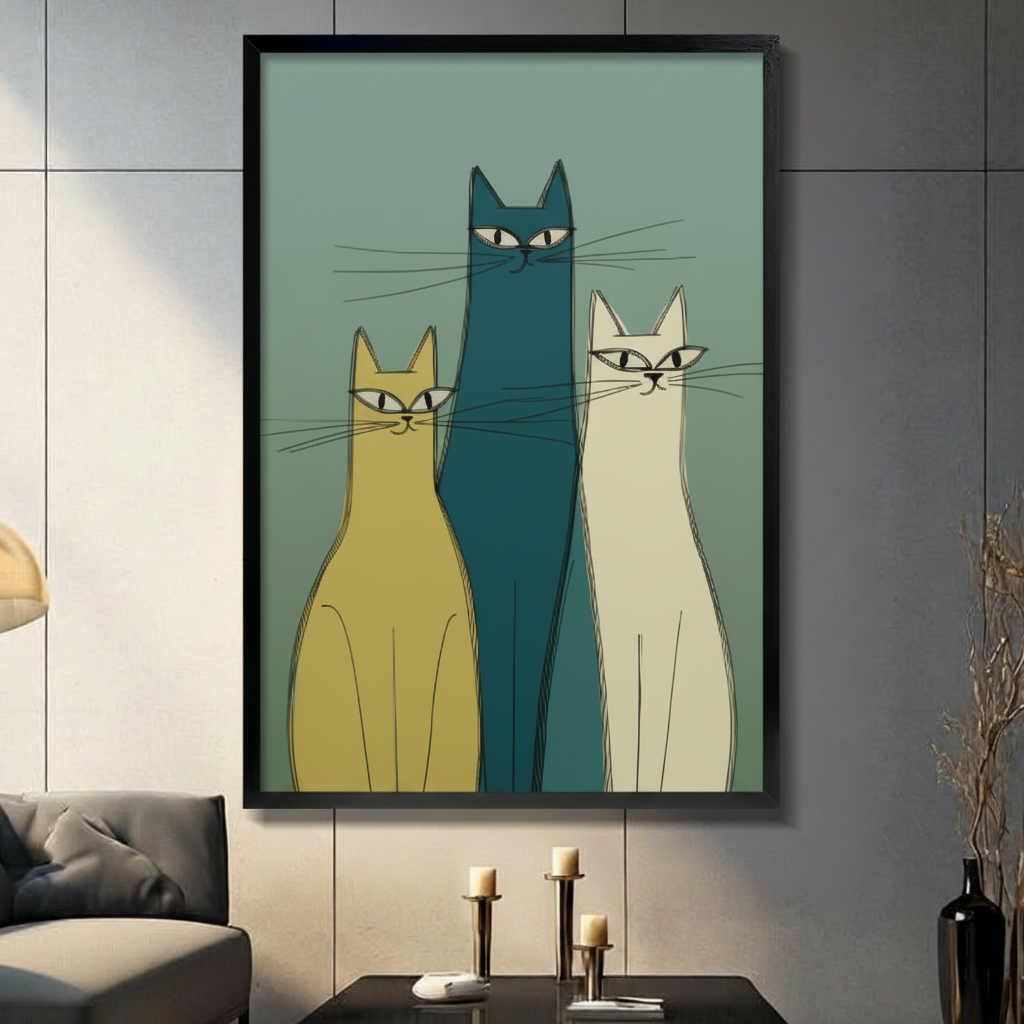 Framed canvas wall art featuring three minimalist mid-century modern cats in teal, yellow, and cream on a sage green background, displayed in a dark contemporary living room
