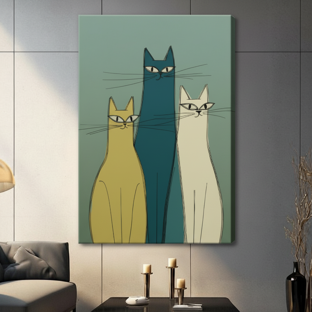 Gallery-wrapped canvas of three stylized mid-century cats in teal, mustard yellow, and ivory with long whiskers on a muted green background, hung in a modern living space