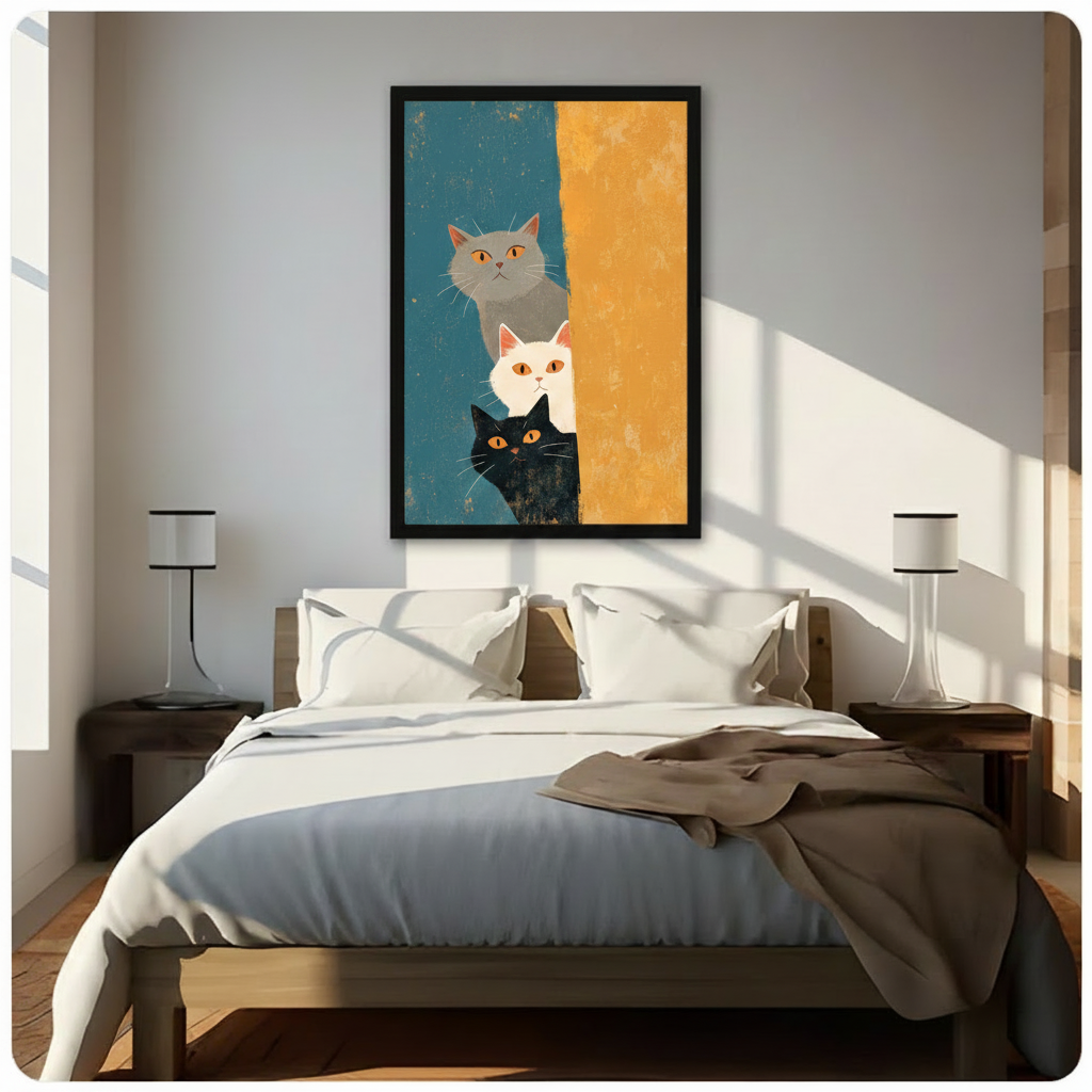 Framed mid-century modern illustration trio of curious cats stacked vertically grey fluffy cat on top white cat in middle black cat at bottom all with glowing amber eyes peeking around large mustard yellow vertical stripe on aged teal background canvas print above dark walnut bed with white linen duvet in sunlit minimalist bedroom with twin slim table lamps - charming three peeking cats teal orange wall art for contemporary bedroom decor