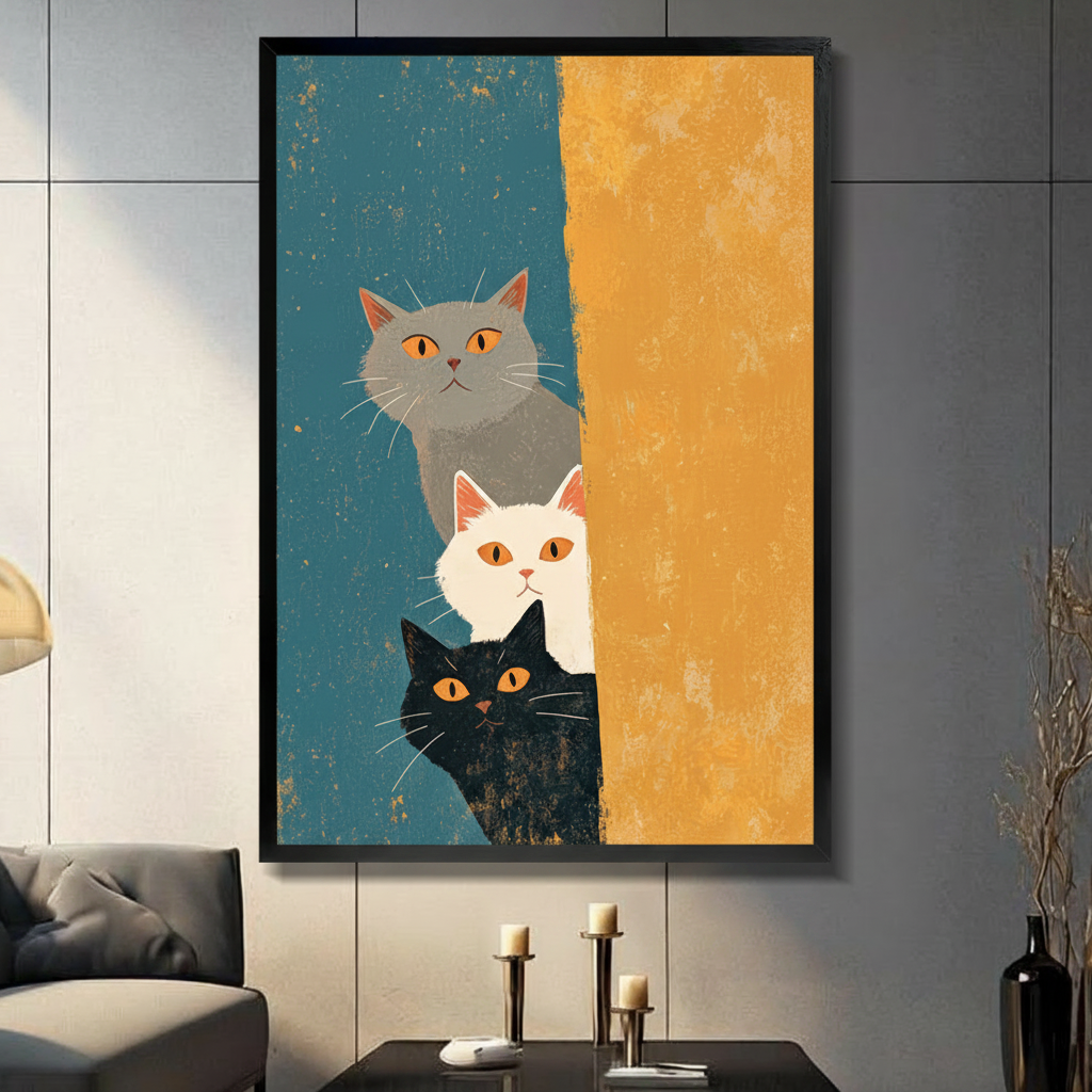 Framed mid-century modern illustration three stacked peeking cats grey white and black with amber eyes peering around bold vertical orange color block on distressed teal blue textured background canvas print on light grey tile wall in modern living room with charcoal sofa and brass candlesticks - whimsical three peeking cats teal orange wall art for contemporary home decor