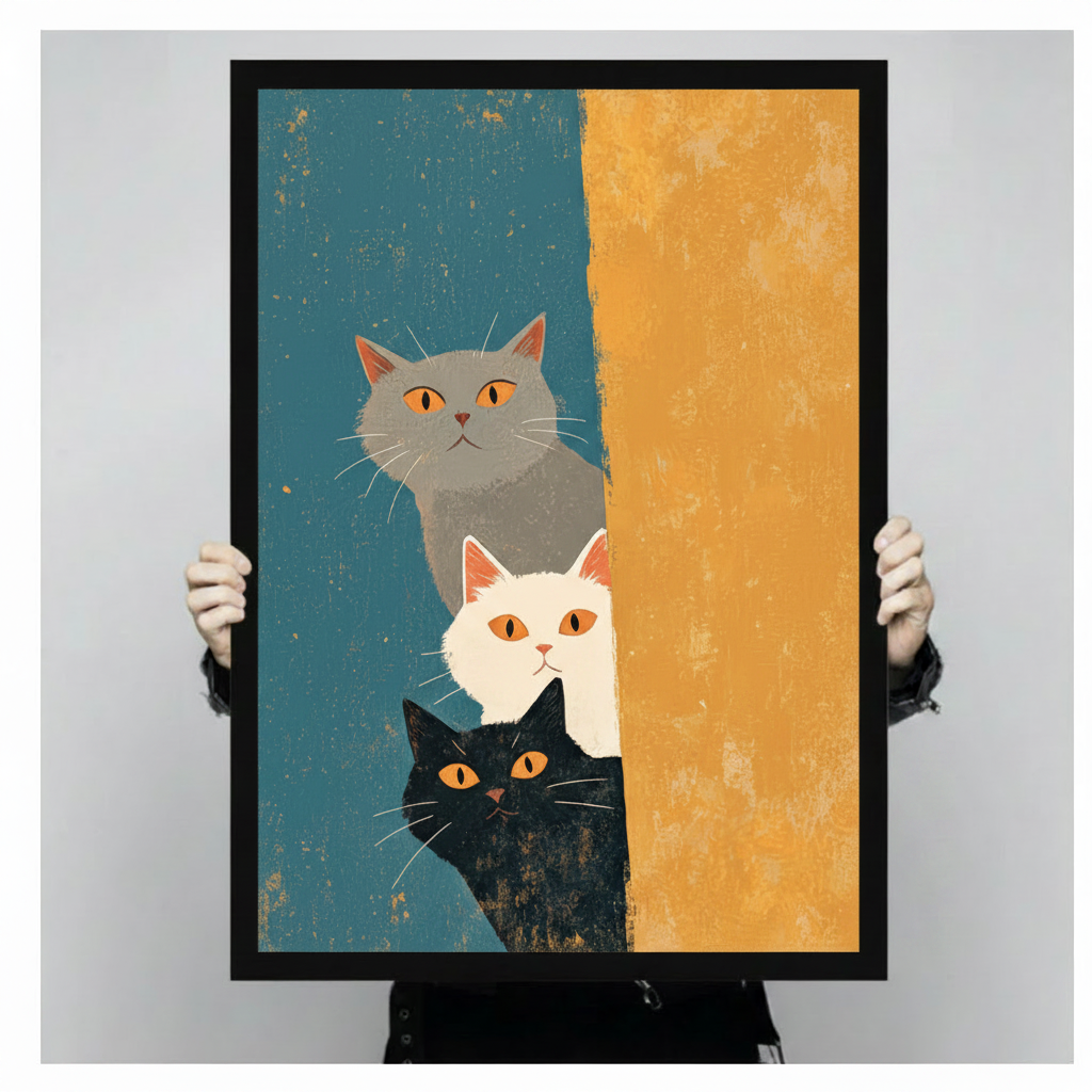 Person holding large framed mid-century modern illustration three stacked peeking cats grey white and black with amber eyes peering around bold vertical orange color block on distressed teal blue textured background canvas print with both hands against neutral grey background - close up size reference of whimsical three peeking cats teal orange wall art with black frame finish
