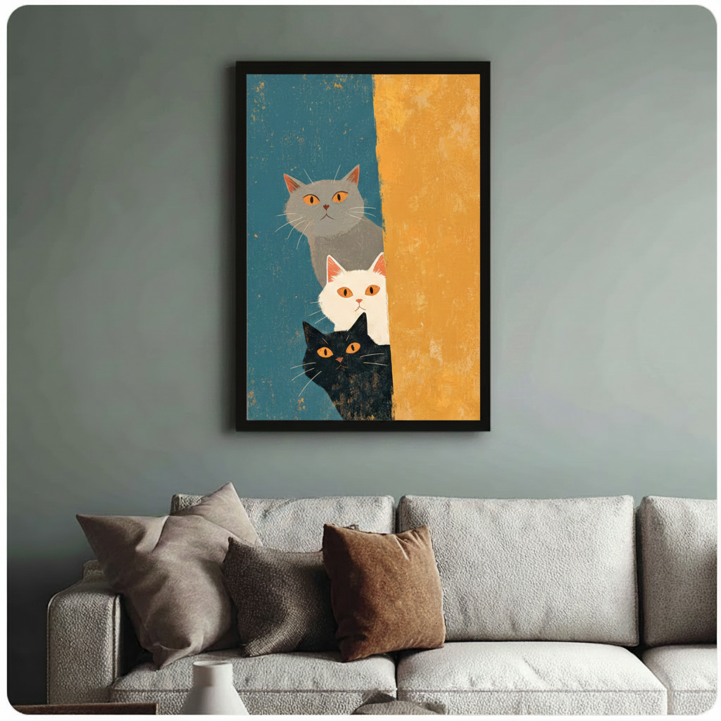 Framed mid-century modern illustration three stacked peeking cats grey white and black with amber eyes peering around bold vertical orange color block on distressed teal blue textured background canvas print on sage blue-grey wall above cream boucle sofa with mixed linen and caramel throw pillows - whimsical three peeking cats teal orange wall art for stylish mid-century living room decor