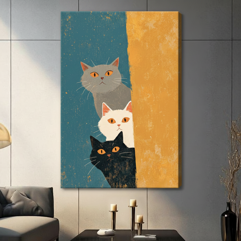 Unframed mid-century modern illustration trio of curious cats stacked vertically grey fluffy cat on top white cat in middle black cat at bottom all with glowing amber eyes peeking around large mustard yellow vertical stripe on aged teal background canvas print on light grey tile wall in contemporary living room - charming three peeking cats teal orange wall art for modern interior decor
