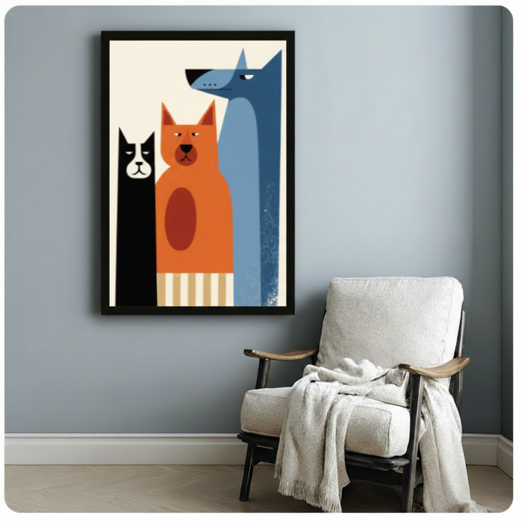 Black framed mid-century modern geometric illustration bold black cat orange tabby cat and elongated blue grey dog standing together with tan striped base on off-white background canvas print beside wood arm accent chair on pale blue-grey wall - retro minimalist cat and dog trio wall art for cozy reading nook pet lover decor