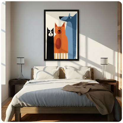 Framed mid-century modern geometric illustration bold black cat orange tabby cat and elongated blue grey dog standing together with tan striped base on off-white background canvas print above dark walnut bed in sunlit minimalist bedroom with twin slim table lamps - retro minimalist cat and dog trio wall art for contemporary pet lover bedroom decor