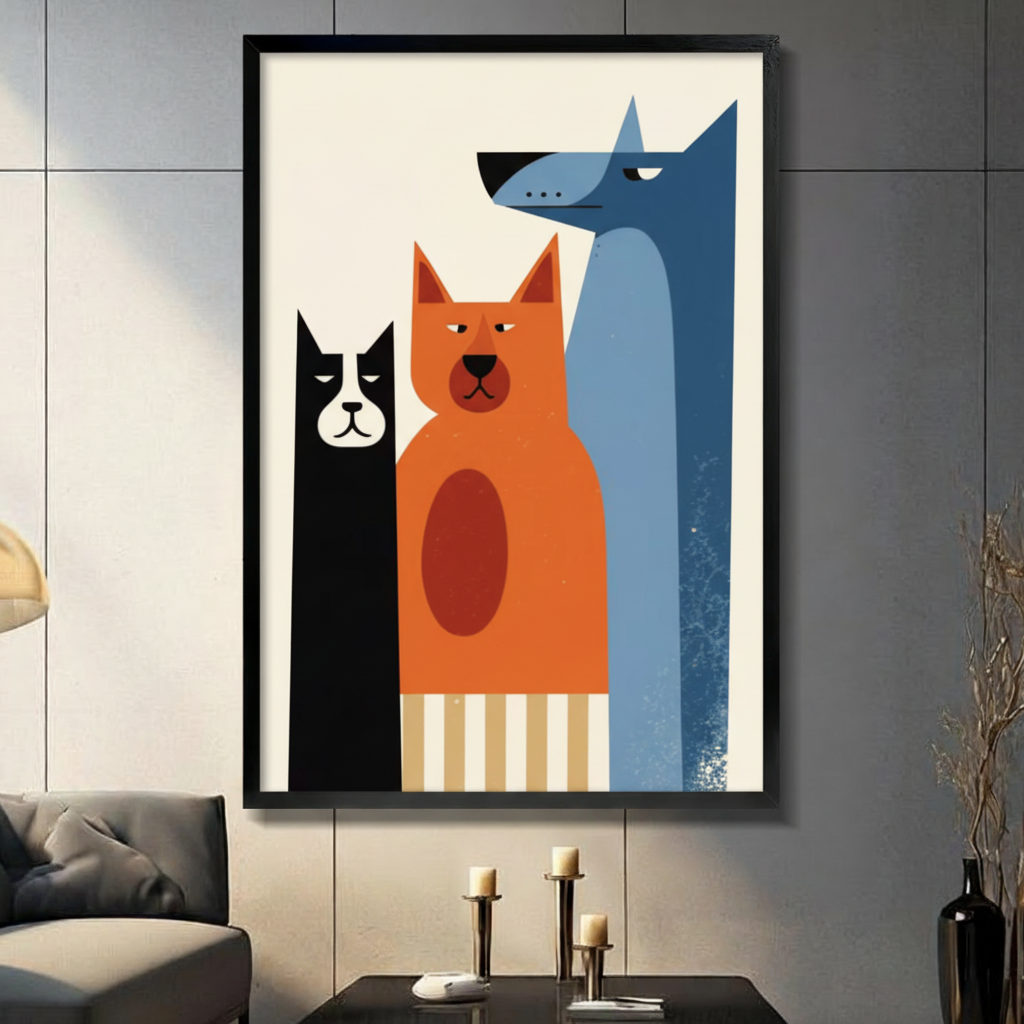 Framed mid-century modern geometric illustration three pets standing side by side black cat orange cat and tall blue grey dog with gold stripe base on cream white background canvas print on dark grey tile wall in modern living room - retro minimalist three animals trio wall art for contemporary pet lover home decor