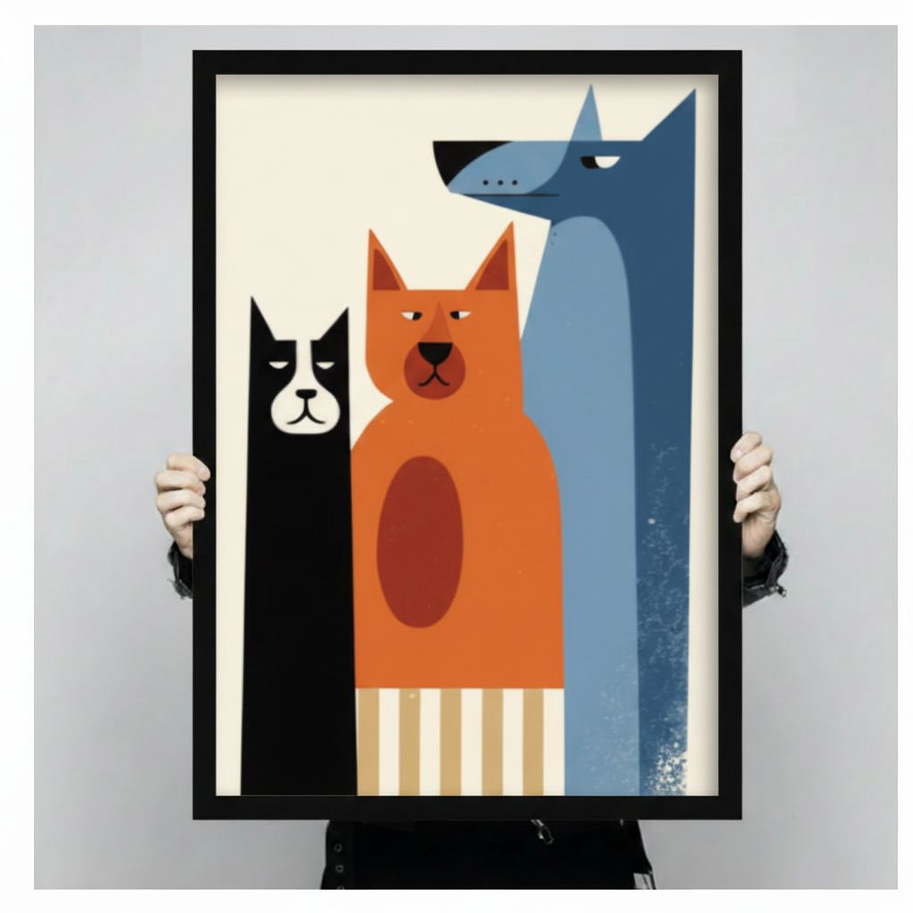 Person holding large framed mid-century modern geometric illustration three pets standing side by side black cat orange cat and tall blue grey dog with gold stripe base on cream white background canvas print with both hands - close up view of retro minimalist three animals trio wall art with black frame finish
