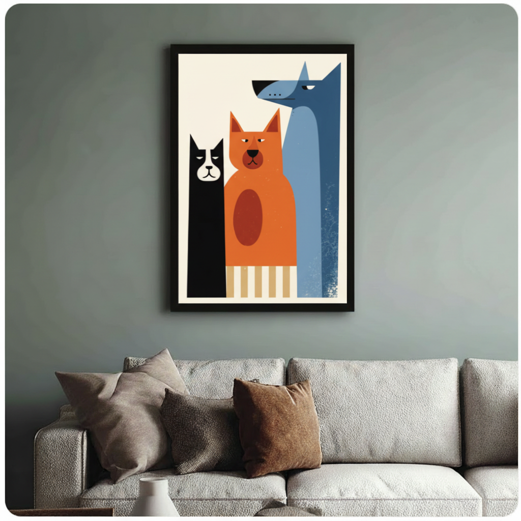 Framed mid-century modern geometric illustration three pets standing side by side black cat orange cat and tall blue grey dog with gold stripe base on cream white background canvas print above cream sofa on sage blue-grey wall - retro minimalist three animals trio wall art for stylish pet lover living room decor