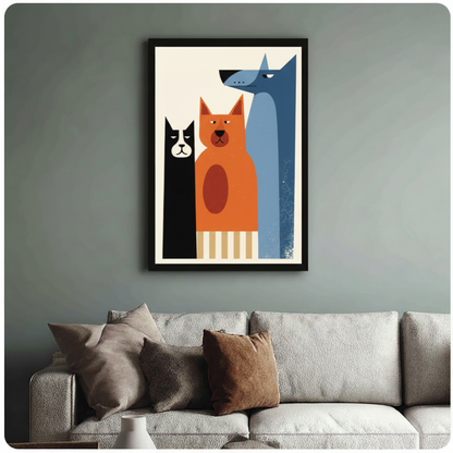 Framed mid-century modern geometric illustration three pets standing side by side black cat orange cat and tall blue grey dog with gold stripe base on cream white background canvas print above cream sofa on sage blue-grey wall - retro minimalist three animals trio wall art for stylish pet lover living room decor