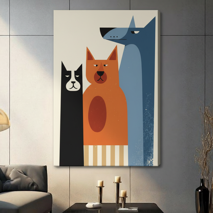 Unframed mid-century modern geometric illustration bold black cat orange tabby cat and elongated blue grey dog standing together with tan striped base on off-white background canvas print on dark grey tile wall in contemporary living room - retro minimalist cat and dog trio wall art for modern pet lover interior decor