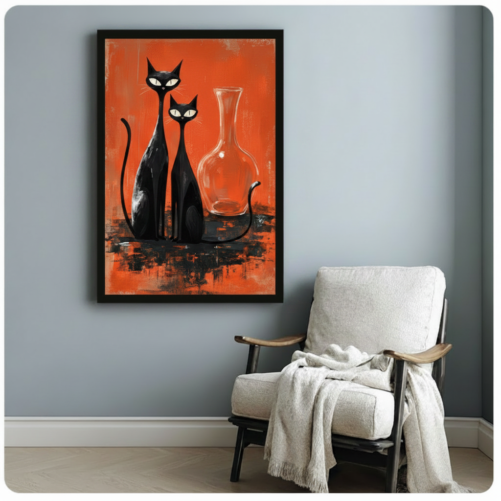 Black framed mid-century modern oil painting two elongated black cats with glowing white eyes seated together beside transparent glass decanter on vivid burnt orange textured background canvas print beside wood arm accent chair with white throw blanket on pale blue-grey wall - retro atomic age two black cats orange wall art for cozy reading nook cat lover decor