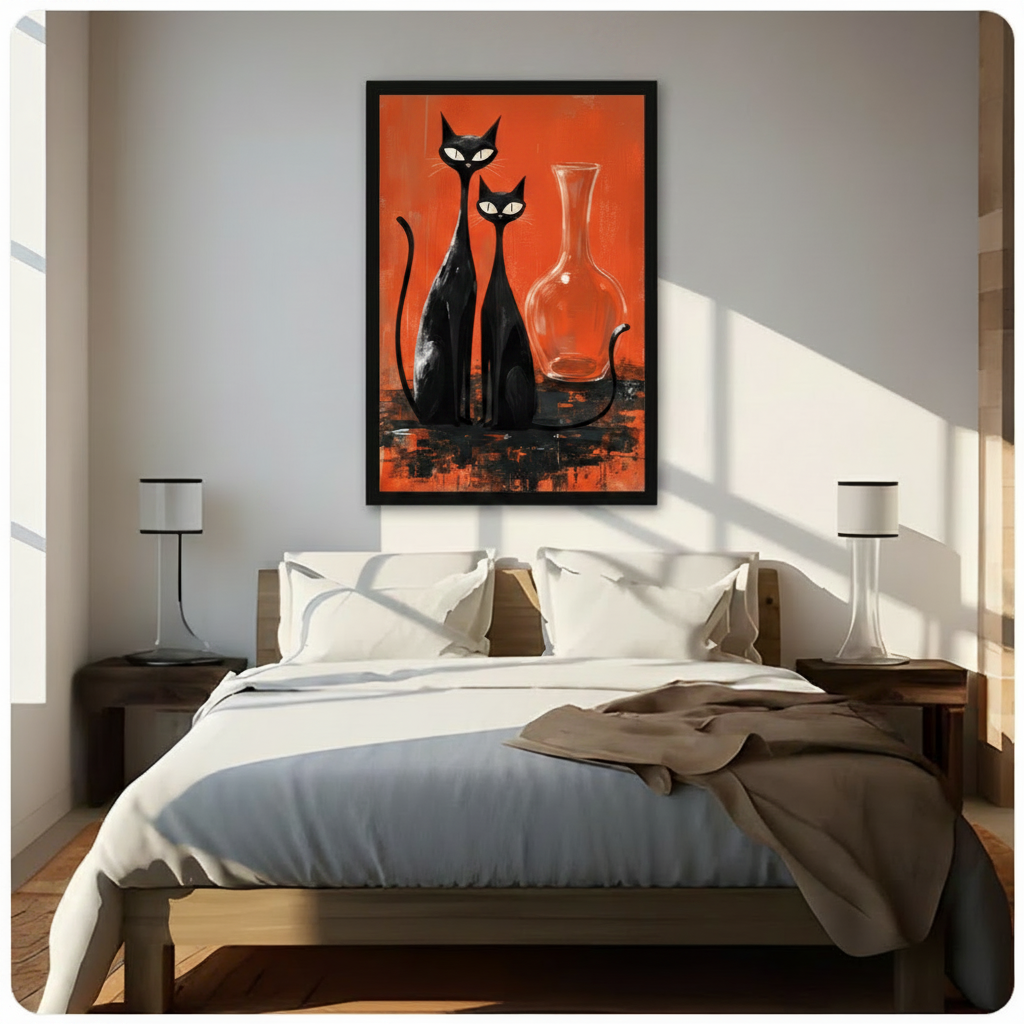 Framed mid-century modern oil painting two slender black cats with piercing white eyes sitting upright beside clear glass vase on bold orange red brushstroke background canvas print above dark walnut bed in sunlit minimalist bedroom with twin slim table lamps - retro atomic age two black cats orange wall art for contemporary cat lover bedroom decor