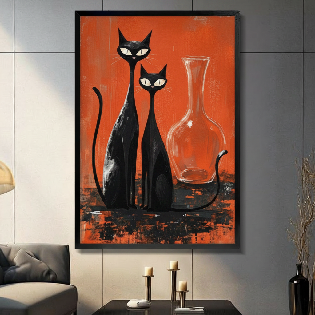 Framed mid-century modern oil painting two sleek black cats with white eyes sitting side by side beside clear glass vase on bold orange red brushstroke background canvas print on dark grey tile wall in modern living room - retro atomic age two black cats orange wall art for contemporary home decor