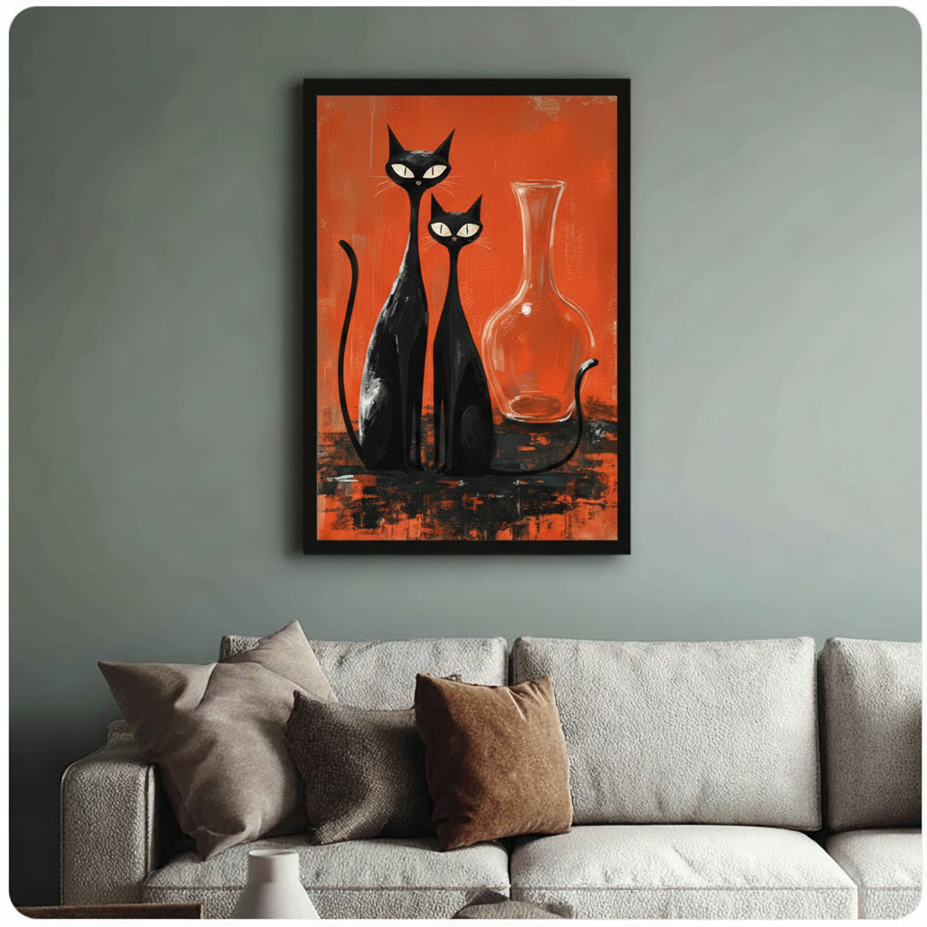 Framed mid-century modern oil painting two slender black cats with piercing white eyes sitting upright beside clear glass vase on bold orange red brushstroke background canvas print centered above cream sofa on muted blue-grey wall - retro atomic age two black cats orange wall art for modern Scandinavian living room decor