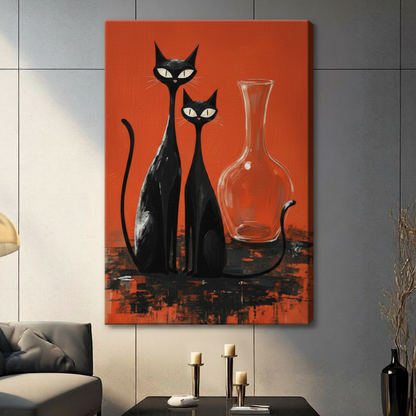 Framed mid-century modern oil painting two elongated black cats with glowing white eyes seated together beside transparent glass decanter on vivid burnt orange textured background canvas print above cream linen sofa on sage grey wall - retro atomic age two black cats orange wall art for stylish cat lover living room decor