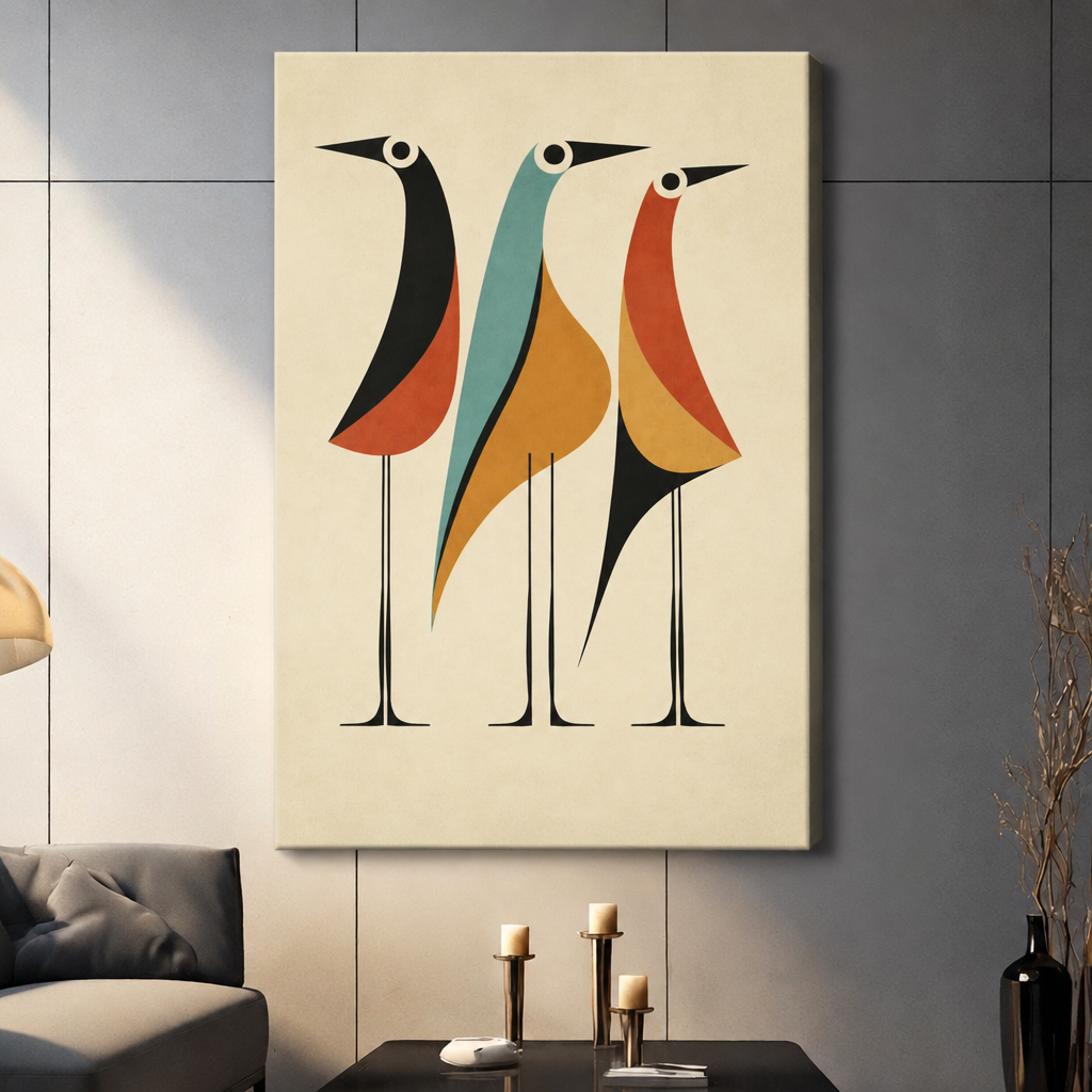Mid-century modern illustration of three tall long-legged birds in geometric earth-tone shapes in black orange teal and rust on a cream background retro abstract bird wall art stretched canvas dark panel wall living room