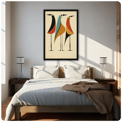 Mid-century modern illustration of three tall long-legged birds in geometric earth-tone shapes in black orange teal and rust on a cream background retro abstract bird wall art framed print above bed sunlit bedroom