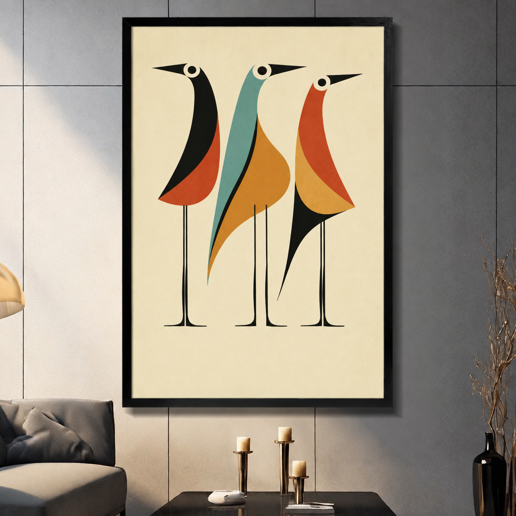 Mid-century modern illustration of three tall long-legged birds in geometric earth-tone shapes in black orange teal and rust on a cream background retro abstract bird wall art framed print dark panel wall living room