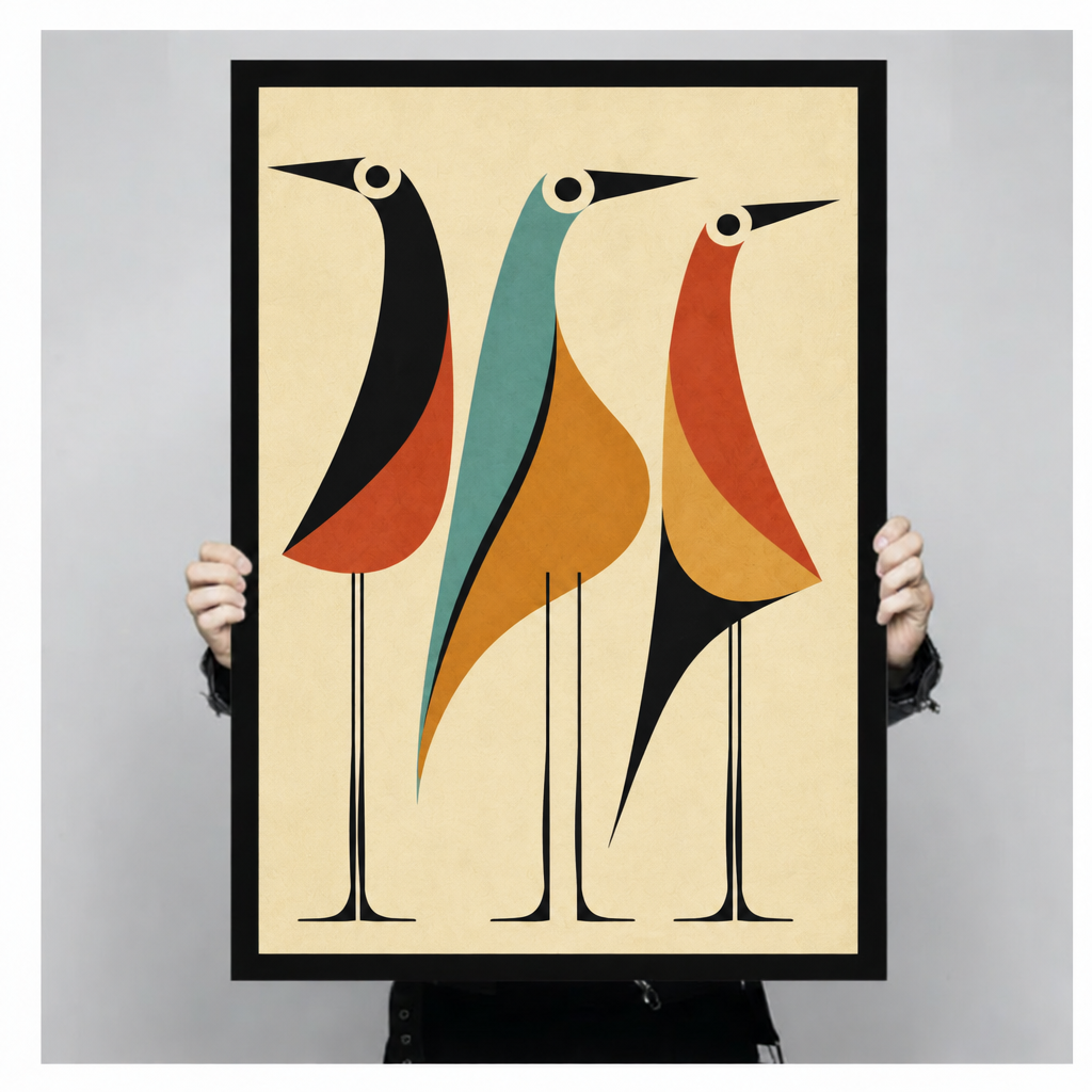 Mid-century modern illustration of three tall long-legged birds in geometric earth-tone shapes in black orange teal and rust on a cream background retro abstract bird wall art framed print held up