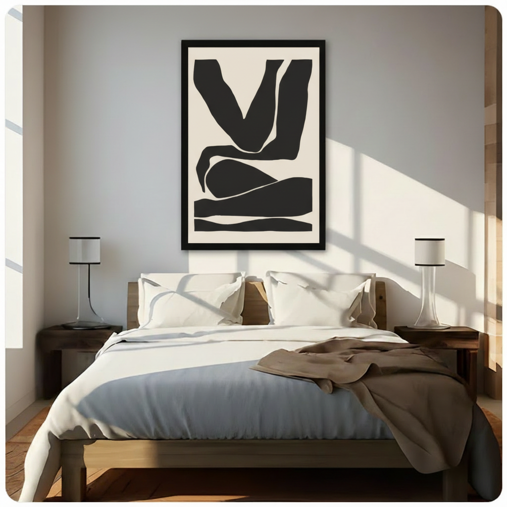 Framed minimalist abstract figure canvas print above wooden bed in sunlit neutral bedroom - bold black body silhouette wall art on cream background for contemporary bedroom home decor