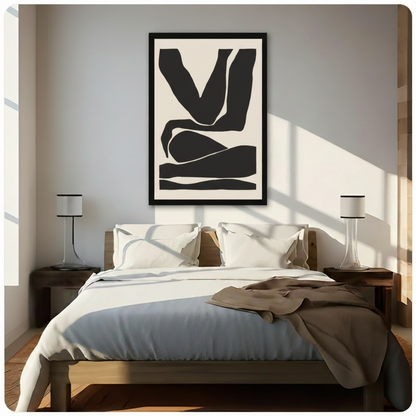 Framed minimalist abstract figure canvas print above wooden bed in sunlit neutral bedroom - bold black body silhouette wall art on cream background for contemporary bedroom home decor