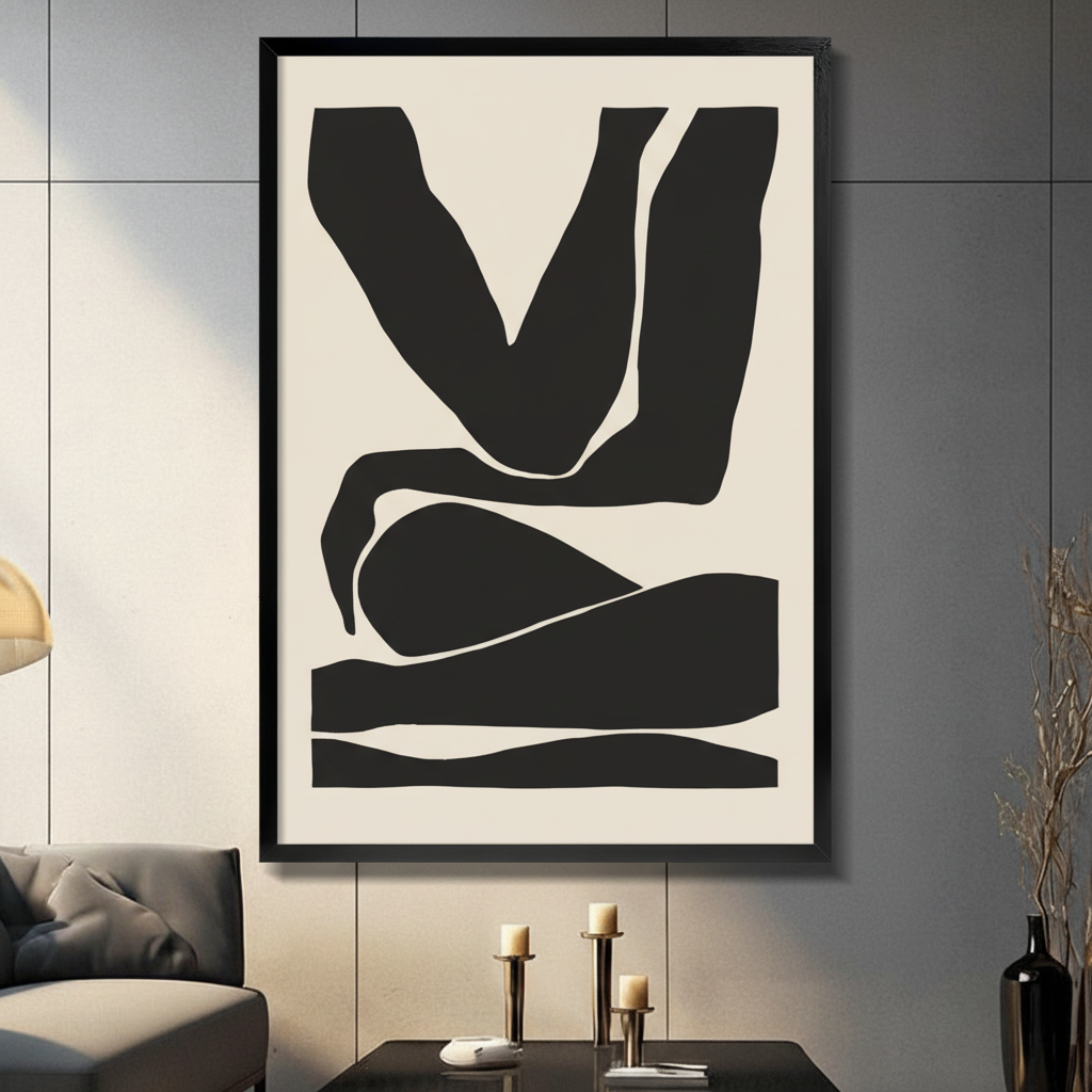 Framed minimalist abstract figure canvas print on cream background in dark modern living room - bold black silhouette body form wall art with clean geometric lines for contemporary home decor