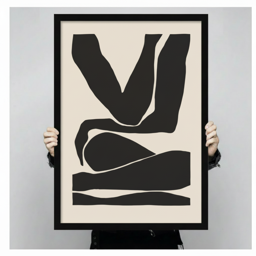 Person holding large framed minimalist abstract figure canvas print with both hands - close up view of bold black silhouette body form wall art on cream background with black frame finish
