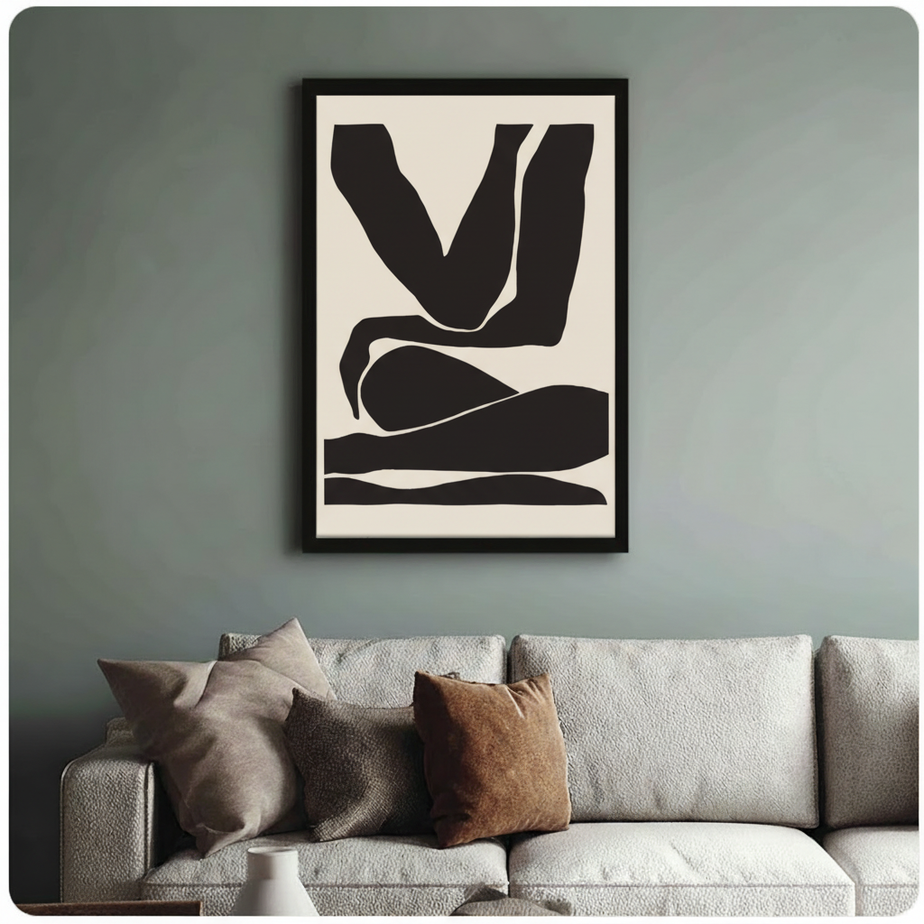Framed black and cream abstract figure canvas print above linen sofa on sage green wall - minimalist body silhouette wall art with bold geometric form for modern living room styling