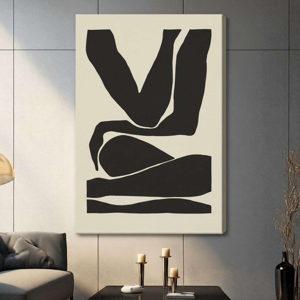 Unframed minimalist abstract figure canvas print with bold black silhouette on cream background in modern living room - clean geometric body form wall art for contemporary interior decor