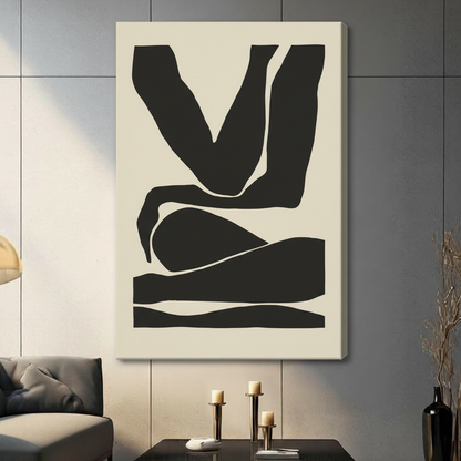 Unframed minimalist abstract figure canvas print with bold black silhouette on cream background in modern living room - clean geometric body form wall art for contemporary interior decor